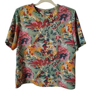 Vintage Kathy Che Women's Blouse Top Medium Floral‎ Green Red Short Sleeve 90s